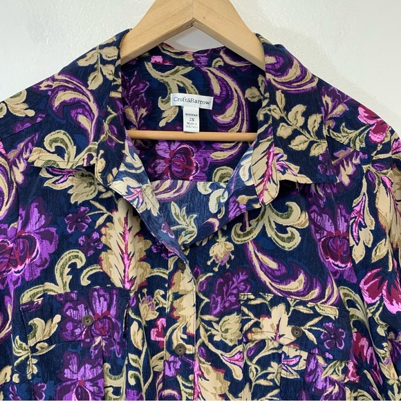 Croft Barrow Blouse Woman 2X Purple Floral Button Up Roll Tab Casual Office Work - Picture 2 of 9